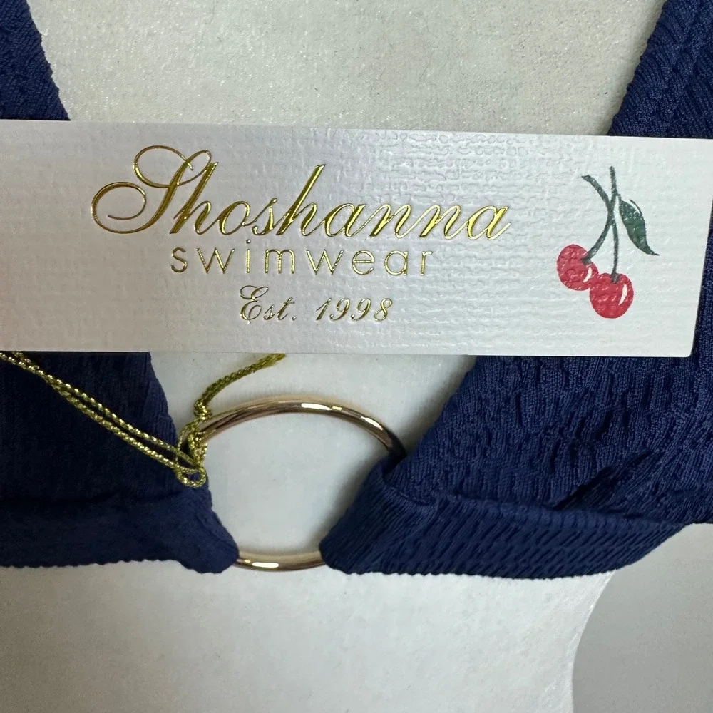 Shoshanna Navy Blue Textured Halter Bikini Top Gold Ring Detail DD NEW Luxury